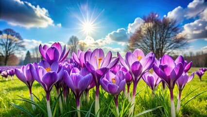 Fototapeta premium Vibrant purple crocus flowers blooming in a sunny garden with green grass and few trees
