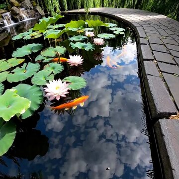 A winding stone path in a serene water garden, featuring lush aquatic plants, lily pads floating on a tranquil pond, and cascading waterfalls, koi fish glide beneath.

