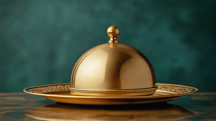 A stunning golden cloche rests atop an ornate plate, showcasing exquisite craftsmanship and opulence. The rich teal background enhances the luxurious dining experience, inviting anticipation