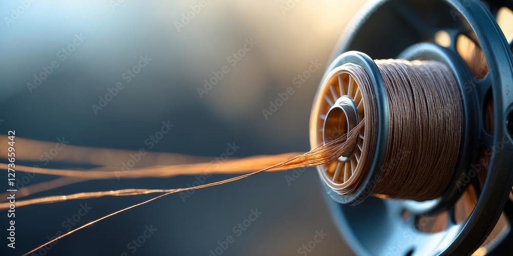 Poster elegant spool of thread unwinds in soft evening light while showcasing intricate details of textile 