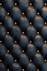 Leather pattern, quilted background with gold details, leather material with buttons and rivets, black color scheme, dark blue background