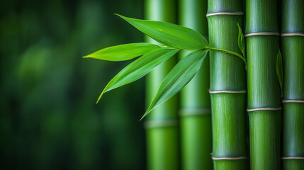 Tall bamboo stalks stand gracefully, their vibrant green color enhanced by lush leaves that gently sway. The rich greenery evokes peace and harmony in a tranquil natural environment