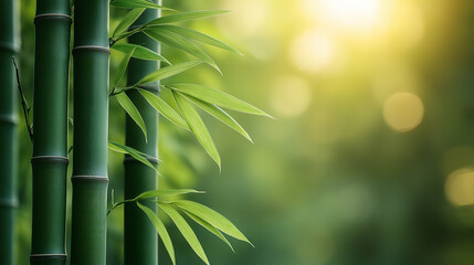 Morning light dances on green bamboo leaves, casting gentle shadows and creating a peaceful ambiance. Nature thrives as a soft breeze rustles through this quiet haven