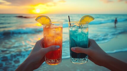 A photo of a close-up of hands toasting with summer cocktails at a poolside party/ beach, with a sunlit, refreshing background