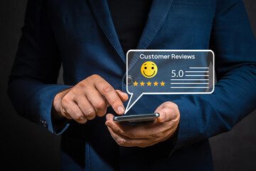 Customer Satisfaction Survey concept, 5-star satisfaction, service experience rating online application, customer evaluation product service quality, good quality most, satisfaction feedback review.