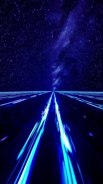 A glowing road extends infinite into a starry void, neon reflections ripple on the smooth surface, deep blues. Vertical video backgrounds
