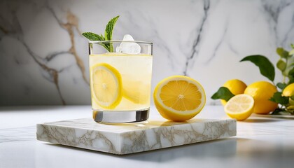 citrus lemonade with ice against a piece of white marble and background