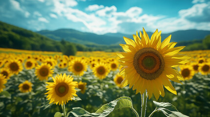 Fototapeta premium Golden sunflowers stretch towards a bright blue sky, their vibrant hues glowing in the late afternoon light. Rolling green hills create a picturesque backdrop, enhancing the serene beauty of nature