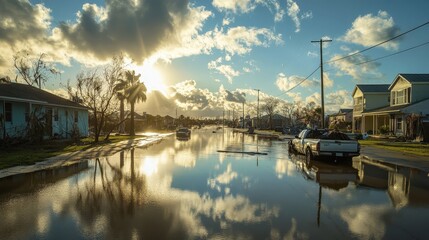 Obraz premium A calm morning after the hurricane, with floodwaters slowly receding and skies beginning to clear