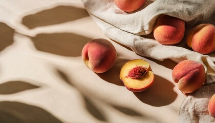 aesthetic lifestyle fruit pattern with peaches crumpled linen fabric and floral sunlight shadow on beige table background