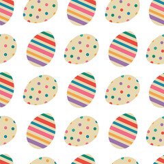 Easter eggs seamless pattern. Colorful eggs with polka dots and stripes. Vector illustration for greeting card, background, fabric, kitchen textile, wrapping paper