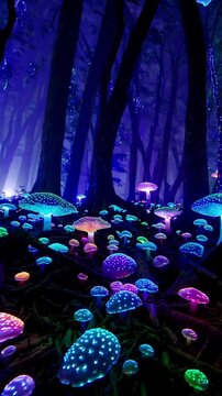 Surreal forest, flying through colorful glowing mushrooms and bio-luminescent trees pulse in vibrant jungle. Vertical video backgrounds

