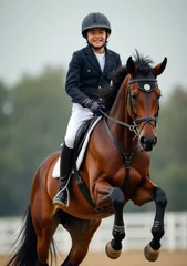 Fototapete Rund Young equestrian competitor riding a spirited horse during a show event © puruan