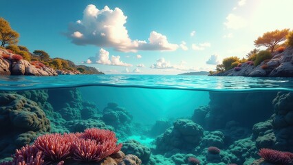 Clear tropical lagoon with pink coral formations and calm turquoise ocean water	