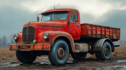 Old red truck, weathered and rusty, parked on a muddy road amidst dry grass, surrounded by a moody grey sky, capturing a sense of nostalgia and rural charm