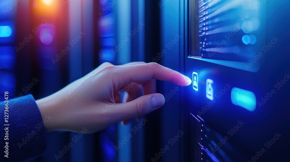 Poster a hand pressing a button on a server, with illuminated indicators, showcasing technology and data ma
