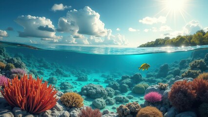 Naklejka premium Clear tropical lagoon with pink coral formations and calm turquoise ocean water 