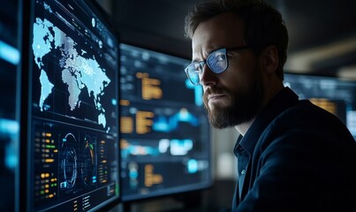 Risk Management Professional Strategically Navigating through Virtual Interface with Icons of Analysis, Forecast, and Mitigation