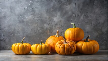 Autumn Harvest Still Life A Collection of Vibrant Pumpkins Arranged Against a Textured Gray Background
