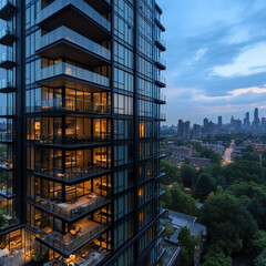 Obraz premium A sleek, modern high-rise condominium building with large balconies and a city skyline backdrop