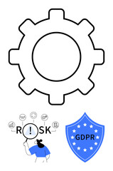 Gear for processes, person analyzing risks, GDPR compliance badge. Ideal for data privacy, security, compliance, process improvement, risk analysis, IT management abstract line flat metaphor