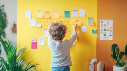 A child setting small goals for personal growth, with a colorful goal chart on the wall.