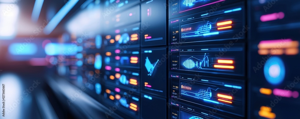 Poster a futuristic interface showcasing data analytics with vibrant colors and digital elements, emphasizi