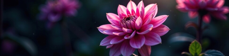 Chrome pink dahlia blooming in a dimly lit space, dark pink blooms, surrealism