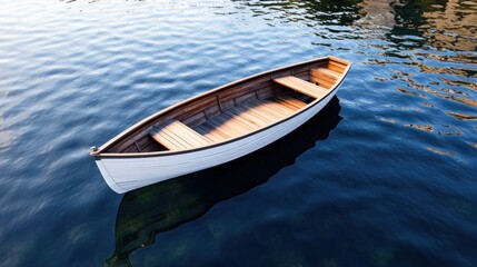 Naklejka premium A wooden boat floating on calm water, reflecting the surroundings.
