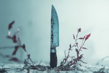 A sharp knife stands ominously amidst sparse vegetation and dirt