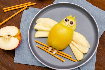Funny owl shape snack with apple.kids childrens baby's sweet dessert,healthy breakfast,lunch, food...