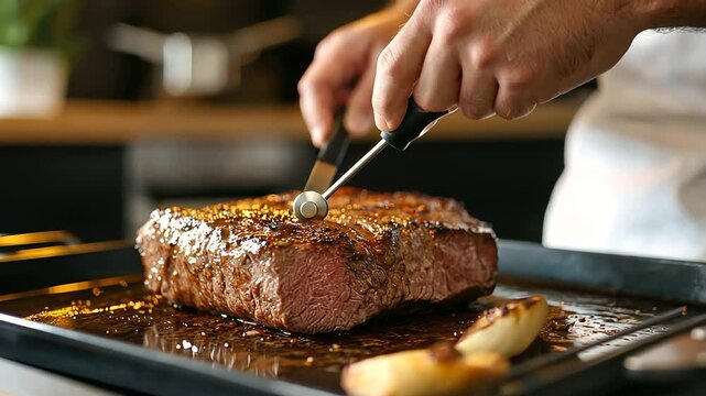 Chef using a meat thermometer to check roast doneness in oven