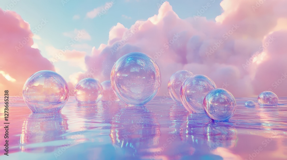 Poster a soft, dreamy background featuring particles resembling bubbles, floating and shimmering with iride