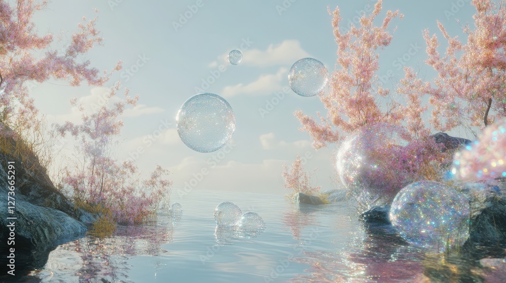 Poster a soft, dreamy background featuring particles resembling bubbles, floating and shimmering with iride