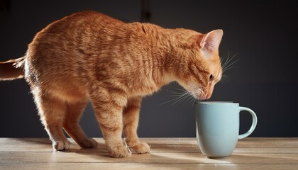 red cat sniffing and looking a mug of black coffee while standi
