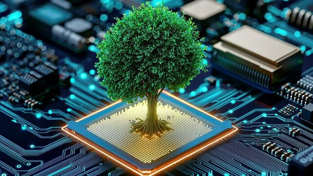 A tree growing out of a glowing computer chip, symbolizing sustainable technology innovation.