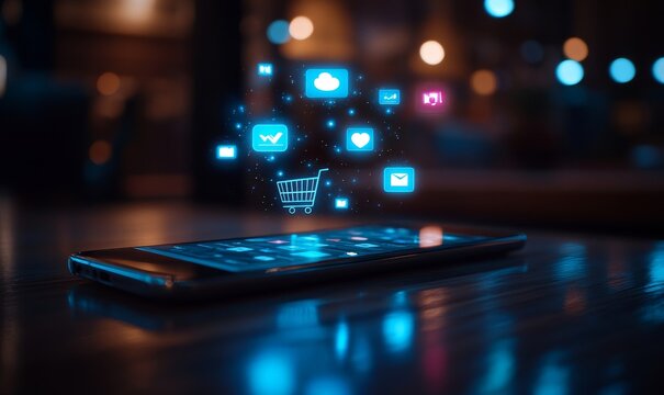 Smartphone with virtual shopping cart and social media icons floating above screen, representing online shopping and digital consumer engagement