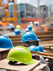 A yellow hardhat rests on a construction site, symbolizing worker safety in the building industry