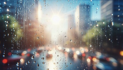 Rainy Cityscape Through a Window – Urban Reflections at Sunset.