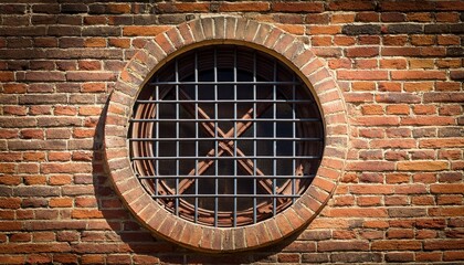 round window with grille on the brick wall closeup