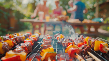 Fresh meat and vegetables on hot grill closeup image. Cooking healthy food at summer outdoor party...