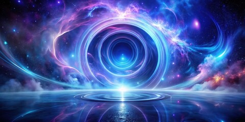Fototapeta premium A Celestial Ring Encircles a Calm, Reflective Expanse, Illuminated by a Radiant, Mystical Light Source in a Universe of Vivid, Swirling Nebulae and Sparkling Stars