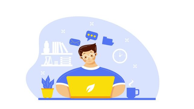 A man working in front of his laptop animation video