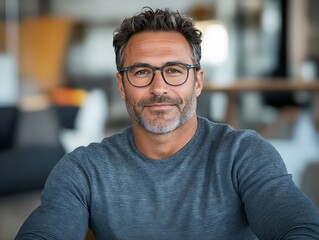 Obraz premium A man wearing glasses sitting at a table in an office