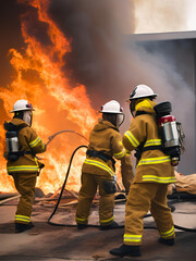 Firefighters in uniform bravely battle the dangerous flames, using hoses and extinguishers to rescue people from the burning car