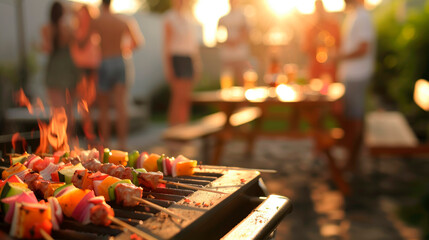 Fresh meat and vegetables on brazier closeup image. Happy summer party outdoors gathering friends close up photography. Healthy food on open fire preparation concept photo realistic