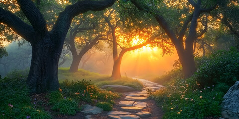 Naklejka premium Sunlit Forest Trail Leading to a New Dawn