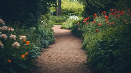A tranquil, winding path in a peaceful garden, with fragrant flowers on either side and the sound of birds chirping in the background.