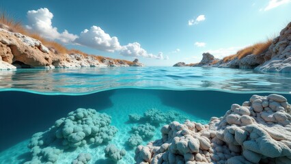 Obraz premium Bleached coral formations floating in clear tropical ocean water near coastline 