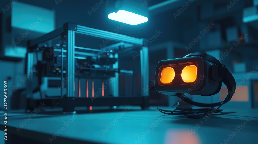 Poster a virtual reality headset resting on a desk next to a d printer, suggesting vr in design and prototy